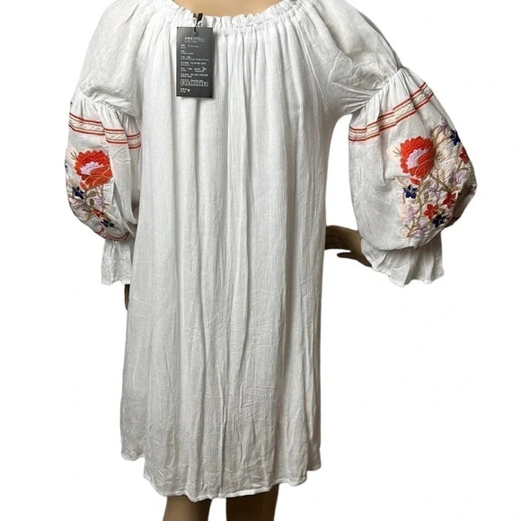 R.Vivimos crinkle embroidered,balloon sleeve dress, off shoulders,coastal,boho - Picture 11 of 13